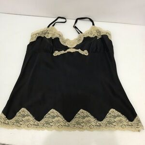 Silk Express Design Studio black satin spaghetti strap tank top beige lace L